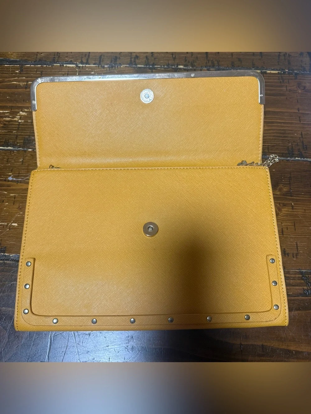 Stunning Saffron Yellow Faux Leather Clutch Bag with Gold Shoulder Chain Strap